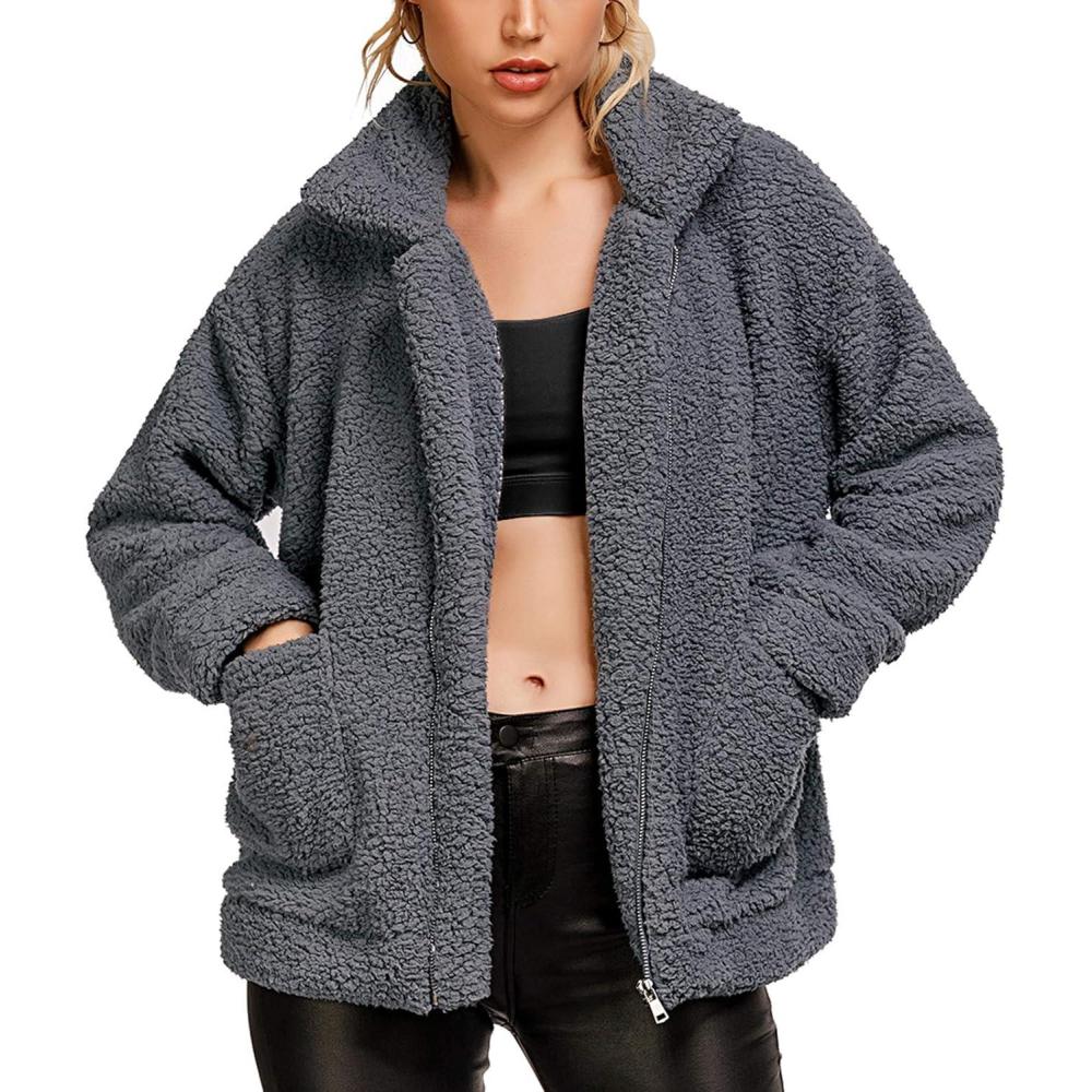 imageComeon Womens Coat Casual Lapel Fleece Fuzzy Faux Shearling Zipper Coats Warm Winter Oversized Outwear JacketsGray