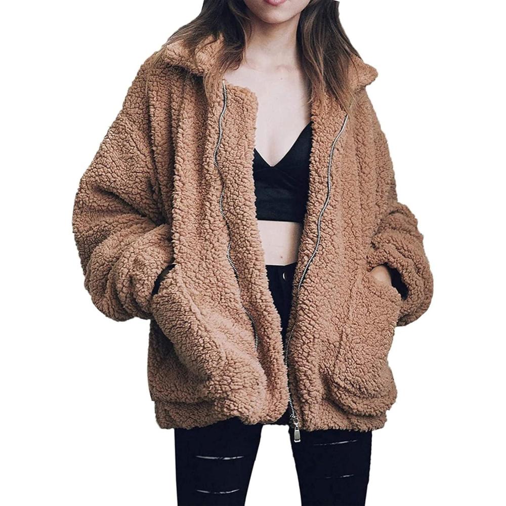 imageComeon Womens Coat Casual Lapel Fleece Fuzzy Faux Shearling Zipper Coats Warm Winter Oversized Outwear JacketsKhaki