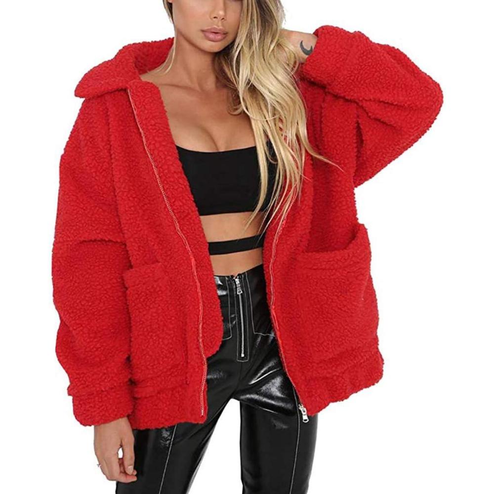 imageComeon Womens Coat Casual Lapel Fleece Fuzzy Faux Shearling Zipper Coats Warm Winter Oversized Outwear JacketsRed