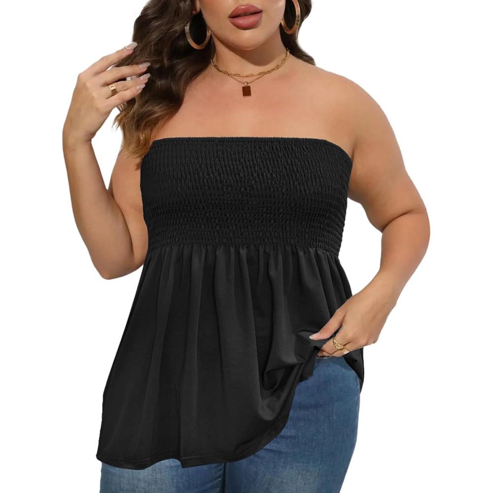 imageComeon Womens Plus Size Tube Tops Strapless Blouse Pleated Sleeveless Stretchy Sleeveless Flare Hem TubeBlack