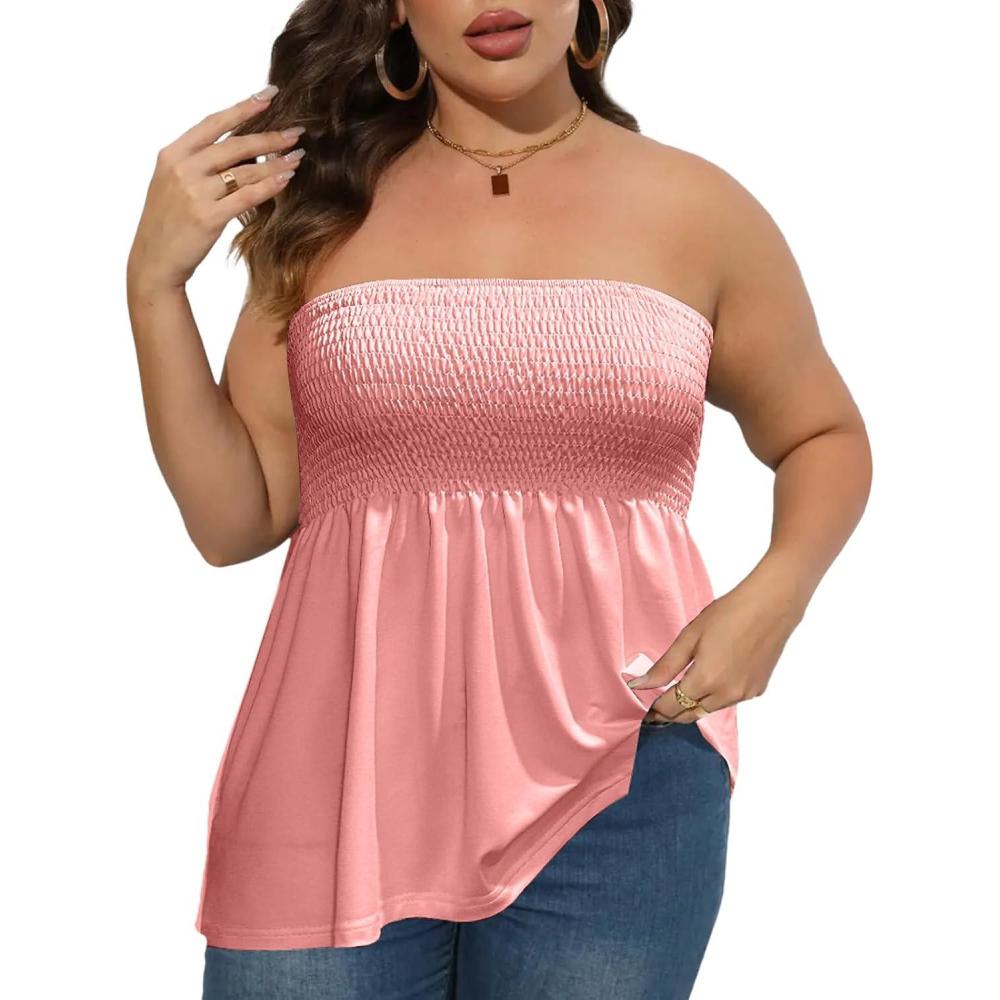 imageComeon Womens Plus Size Tube Tops Strapless Blouse Pleated Sleeveless Stretchy Sleeveless Flare Hem TubePink