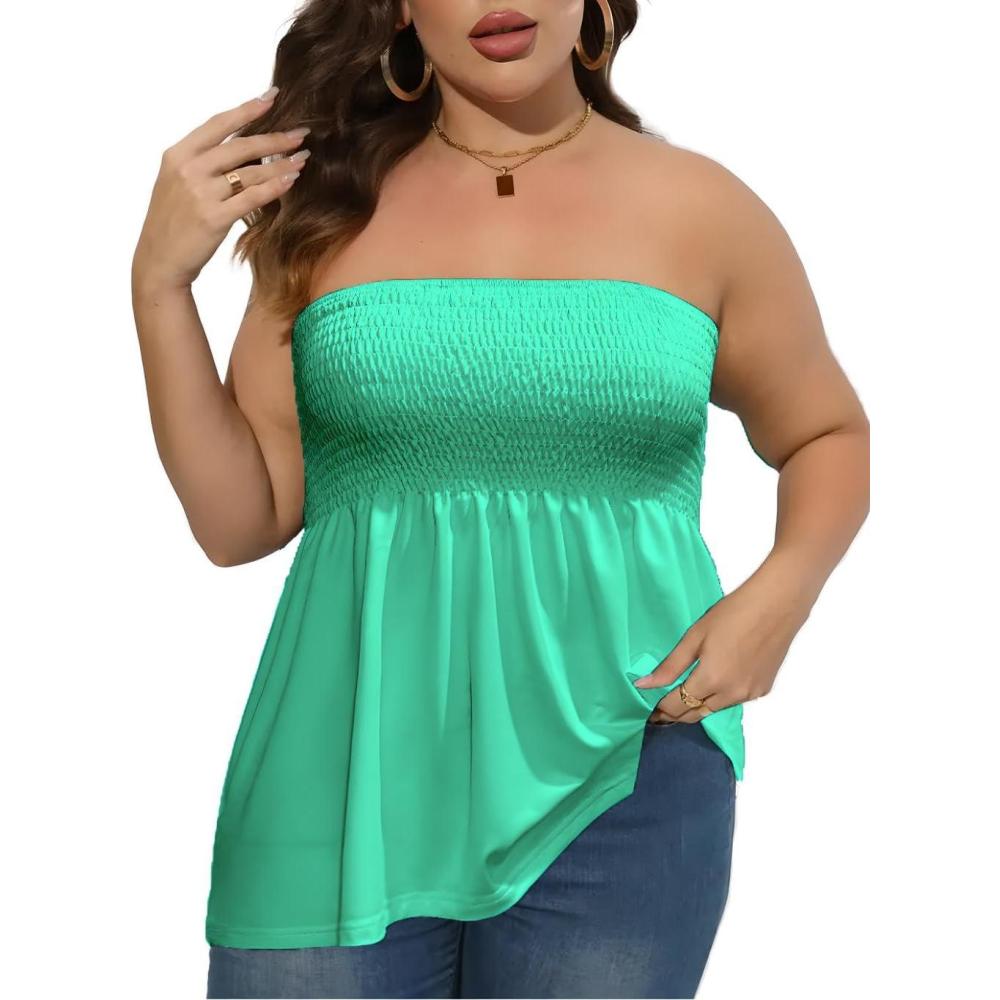 imageComeon Womens Plus Size Tube Tops Strapless Blouse Pleated Sleeveless Stretchy Sleeveless Flare Hem TubePlus Green