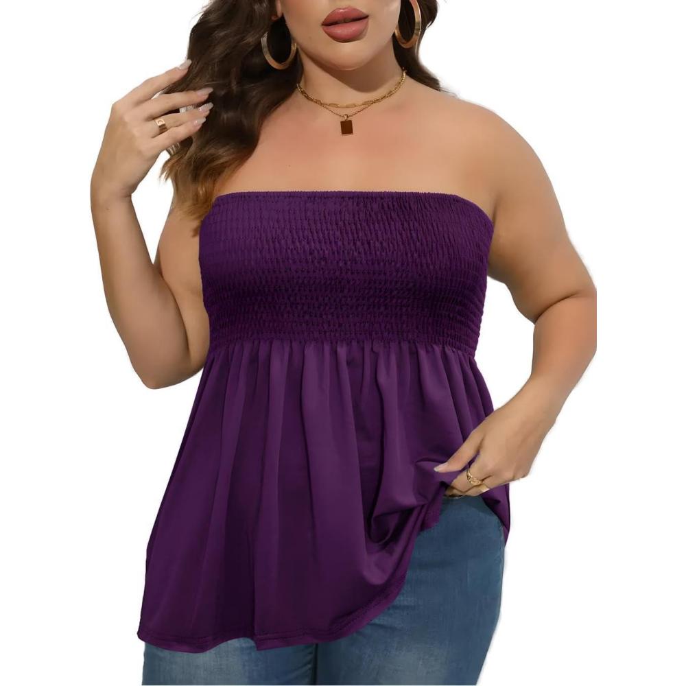 imageComeon Womens Plus Size Tube Tops Strapless Blouse Pleated Sleeveless Stretchy Sleeveless Flare Hem TubePlus Purple