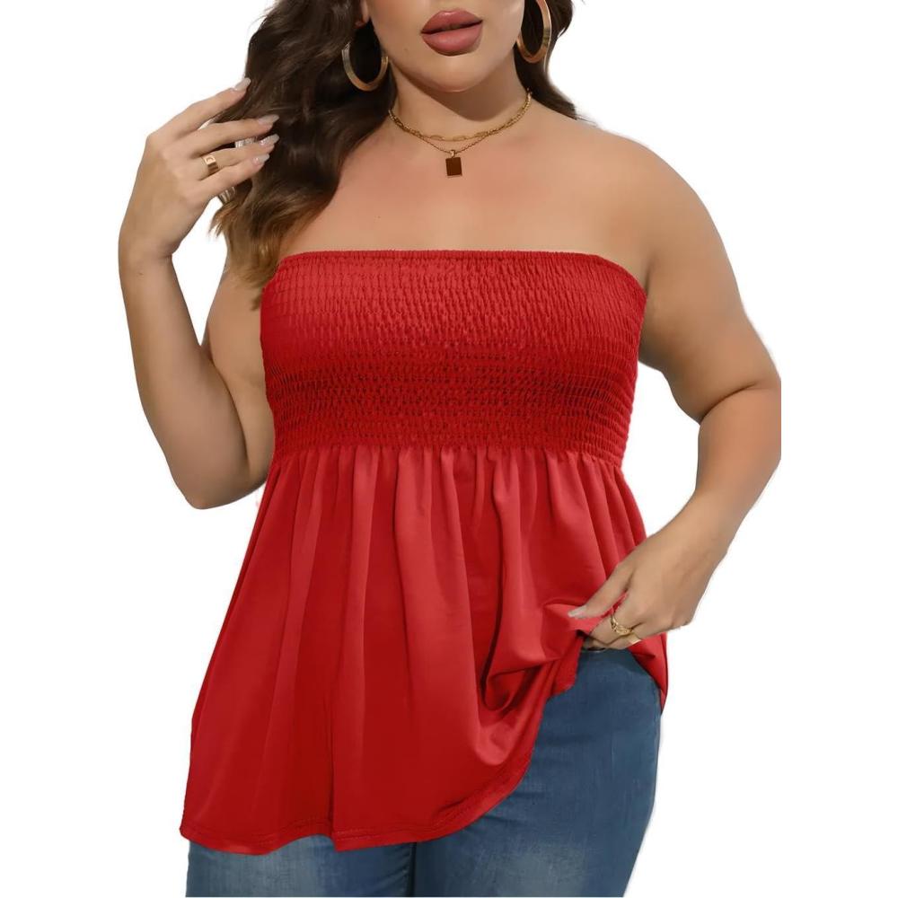 imageComeon Womens Plus Size Tube Tops Strapless Blouse Pleated Sleeveless Stretchy Sleeveless Flare Hem TubePlus Red