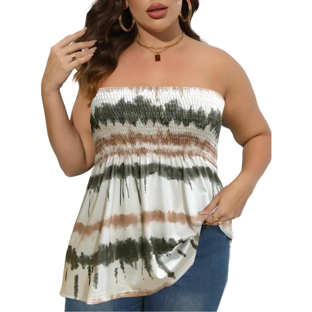 imageComeon Womens Plus Size Tube Tops Strapless Blouse Pleated Sleeveless Stretchy Sleeveless Flare Hem TubePlus1