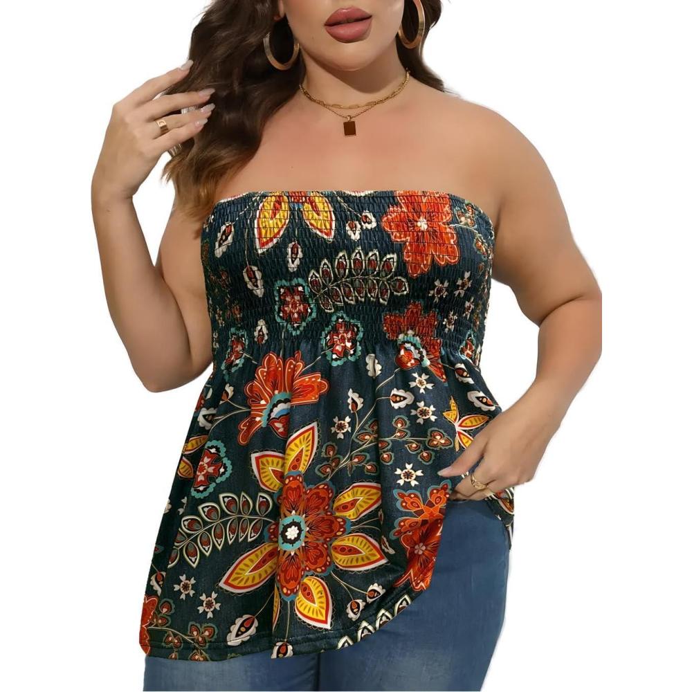 imageComeon Womens Plus Size Tube Tops Strapless Blouse Pleated Sleeveless Stretchy Sleeveless Flare Hem TubePlus2