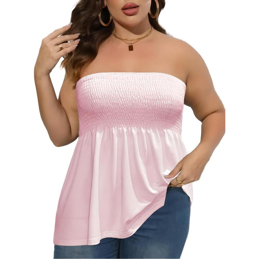 imageComeon Womens Plus Size Tube Tops Strapless Blouse Pleated SleevelessPlus Light Pink
