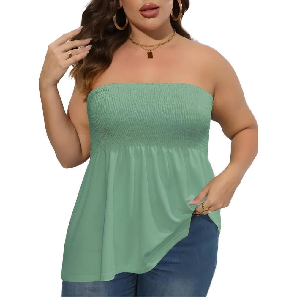 imageComeon Womens Plus Size Tube Tops Strapless Blouse Pleated SleevelessPlus Pea Green