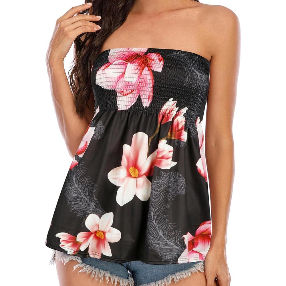 imageComeon Womens Strapless Sleeveless Tube Tops Pleated Stretch Tunic Tanks Summer Blouse Cami ShirtPink Flowers