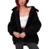Comeon Women’s Coat Casual Lapel Fleece Fuzzy Faux Shearling Zipper Coats Warm Winter Oversized Outwear Jackets(Black)