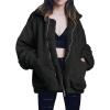 Comeon Women’s Coat Casual Lapel Fleece Fuzzy Faux Shearling Zipper Coats Warm Winter Oversized Outwear Jackets(Black)