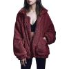 Comeon Women’s Coat Casual Lapel Fleece Fuzzy Faux Shearling Zipper Coats Warm Winter Oversized Outwear Jackets(Burgundy)