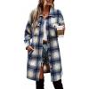 Comeon Womens Plaid Shacket Jacket Casual Flannel Button Pocket Lapel Wool Blend Tartan Trench Pea Coat