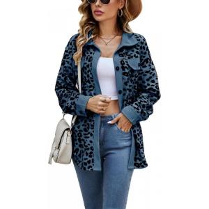 Comeon Women Corduroy Shacket Jacket Casual Long Sleeve Lapel Button Down Leopard Printed Fall Blouse Outwear Coat