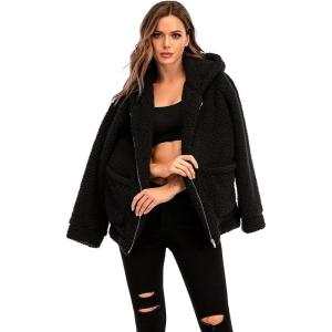Comeon Womens Casual Coat Lapel Fleece Fuzzy Faux Shearling Zipper Hooded Warm Winter Oversized Jackets(Black)