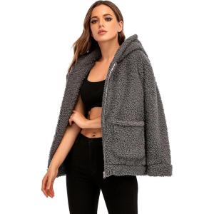 Comeon Womens Casual Coat Lapel Fleece Fuzzy Faux Shearling Zipper Hooded Warm Winter Oversized Jackets(Dark Grey)