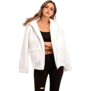Comeon Womens Casual Coat Lapel Fleece Fuzzy Faux Shearling Zipper Hooded Warm Winter Oversized Jackets(White)