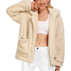 Comeon Women’s Coat Casual Lapel Fleece Fuzzy Faux Shearling Zipper Coats Warm Winter Oversized Outwear Jackets(Beige)