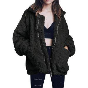 Comeon Women’s Coat Casual Lapel Fleece Fuzzy Faux Shearling Zipper Coats Warm Winter Oversized Outwear Jackets(Black)