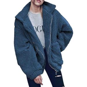 Comeon Women’s Coat Casual Lapel Fleece Fuzzy Faux Shearling Zipper Coats Warm Winter Oversized Outwear Jackets(Blue)