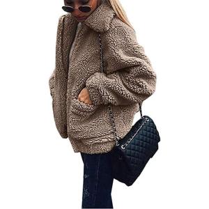 Comeon Women’s Coat Casual Lapel Fleece Fuzzy Faux Shearling Zipper Coats Warm Winter Oversized Outwear Jackets(Camel)