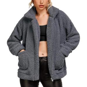 Comeon Women’s Coat Casual Lapel Fleece Fuzzy Faux Shearling Zipper Coats Warm Winter Oversized Outwear Jackets(Gray)