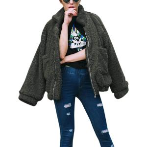 Comeon Women’s Coat Casual Lapel Fleece Fuzzy Faux Shearling Zipper Coats Warm Winter Oversized Outwear Jackets(Green)