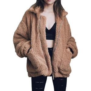 Comeon Women’s Coat Casual Lapel Fleece Fuzzy Faux Shearling Zipper Coats Warm Winter Oversized Outwear Jackets(Khaki)