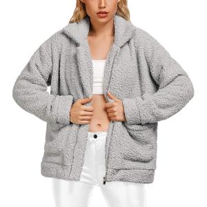 Comeon Women’s Coat Casual Lapel Fleece Fuzzy Faux Shearling Zipper Coats Warm Winter Oversized Outwear Jackets(Light Grey)