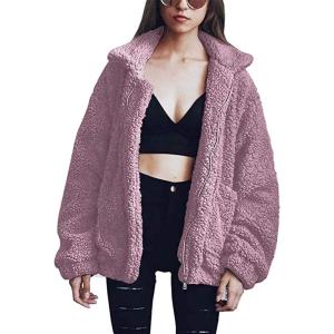 Comeon Women’s Coat Casual Lapel Fleece Fuzzy Faux Shearling Zipper Coats Warm Winter Oversized Outwear Jackets(Purple)
