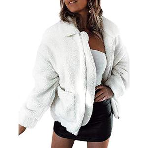 Comeon Women’s Coat Casual Lapel Fleece Fuzzy Faux Shearling Zipper Coats Warm Winter Oversized Outwear Jackets(White)