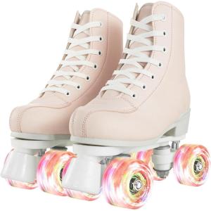Comeon Women’s High-top Roller Skates – PU Leather Indoor/Outdoor Four-Wheel Skates(Light Pink with Flash Wheel)