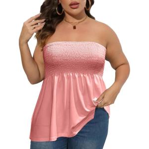 Comeon Women’s Plus Size Tube Tops Strapless Blouse Pleated Sleeveless Stretchy Sleeveless Flare Hem Tube(Pink)