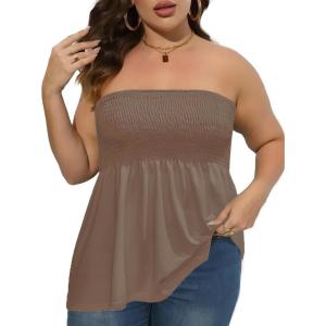 Comeon Women’s Plus Size Tube Tops Strapless Blouse Pleated Sleeveless Stretchy Sleeveless Flare Hem Tube(Plus Coffee Color)