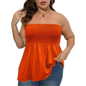 Comeon Women’s Plus Size Tube Tops Strapless Blouse Pleated Sleeveless Stretchy Sleeveless Flare Hem Tube(Plus Orange)