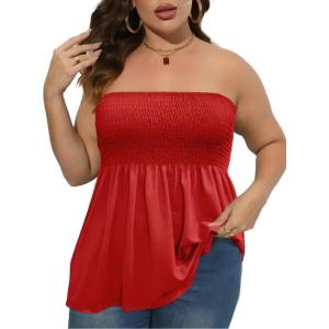 Comeon Women’s Plus Size Tube Tops Strapless Blouse Pleated Sleeveless Stretchy Sleeveless Flare Hem Tube(Plus Red)