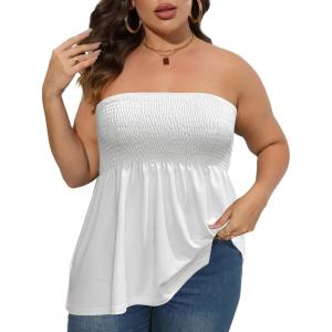 Comeon Women’s Plus Size Tube Tops Strapless Blouse Pleated Sleeveless Stretchy Sleeveless Flare Hem Tube(White)