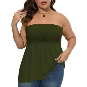 Comeon Women’s Plus Size Tube Tops Strapless Blouse Pleated Sleeveless(Plus Army Green)