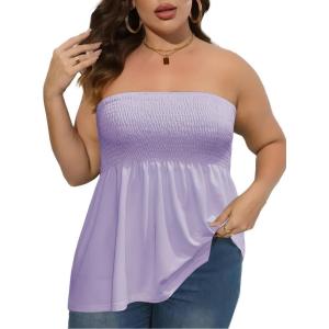 Comeon Women’s Plus Size Tube Tops Strapless Blouse Pleated Sleeveless(Plus Light Purple)