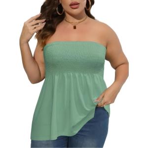 Comeon Women’s Plus Size Tube Tops Strapless Blouse Pleated Sleeveless(Plus Pea Green)