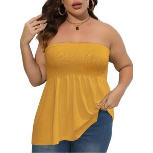Comeon Women’s Plus Size Tube Tops Strapless Blouse Pleated Sleeveless(Plus Yellow)