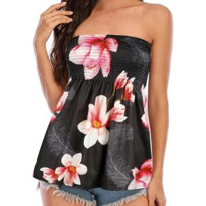 Comeon Women’s Strapless Sleeveless Tube Tops Pleated Stretch Tunic Tanks Summer Blouse Cami Shirt(Pink Flowers)