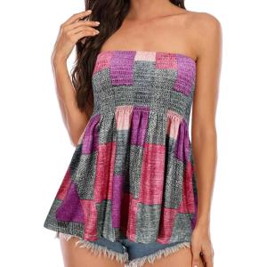 Comeon Women’s Strapless Sleeveless Tube Tops Pleated Stretch Tunic Tanks Summer Blouse Cami Shirt(Pink Grid)
