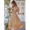 Comeon Women Casual Summer Short Sleeve Floral V Neck Boho Ruffle A-Line High Waist Flowy Midi Beach Dress(Coffee Color)