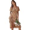 Comeon Women Casual Summer Short Sleeve Floral V Neck Boho Ruffle A-Line High Waist Flowy Midi Beach Dress(Coffee Color)