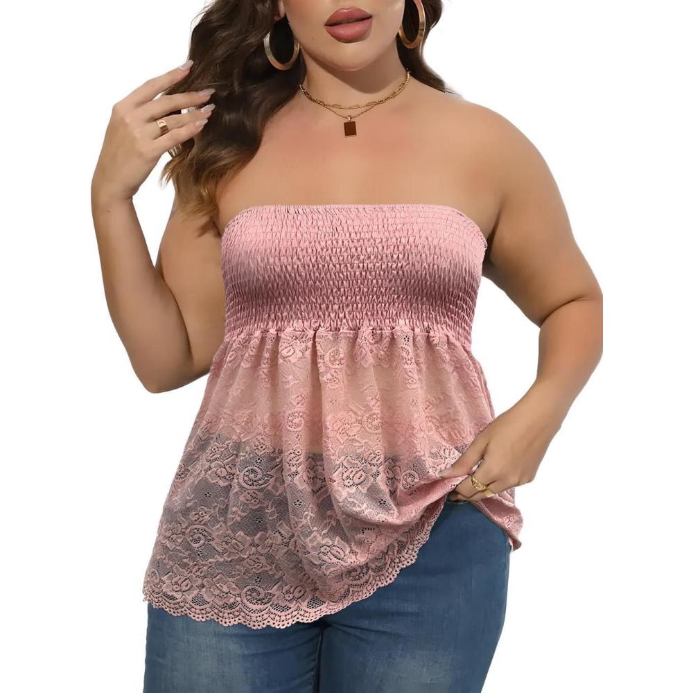 imageComeon Womens Plus Size Tube Tops Strapless Stretchy Bandeau Sheer Lace Flare HemPink