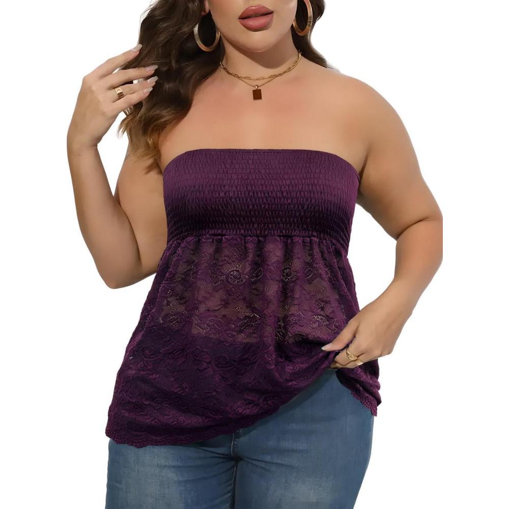imageComeon Womens Plus Size Tube Tops Strapless Stretchy Bandeau Sheer Lace Flare HemPurple