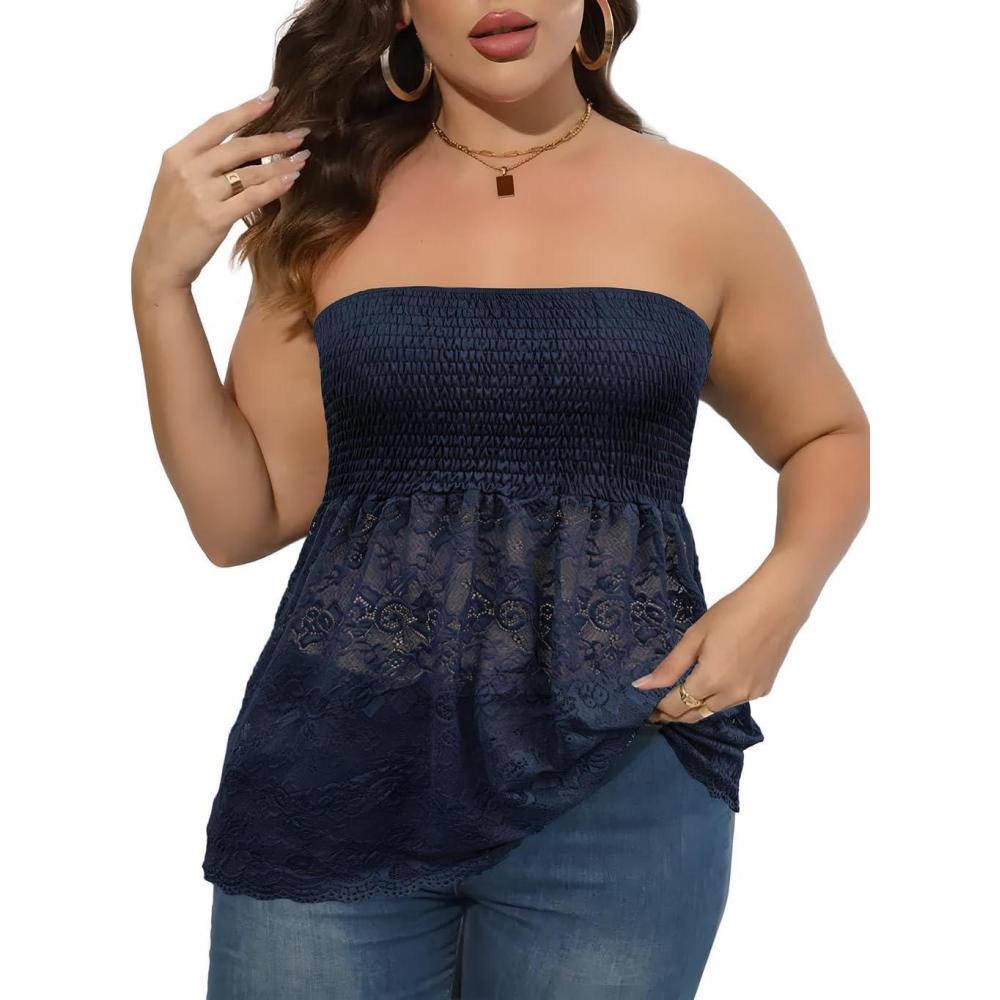imageComeon Womens Plus Size Tube Tops Strapless Stretchy Bandeau Sheer Lace Flare HemPurplish Blue