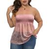Comeon Women’s Plus Size Tube Tops Strapless Stretchy Bandeau Sheer Lace Flare Hem(Pink)