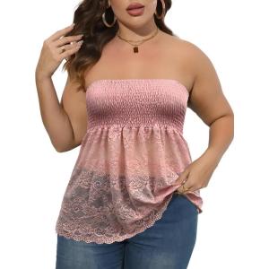 Comeon Women’s Plus Size Tube Tops Strapless Stretchy Bandeau Sheer Lace Flare Hem(Pink)